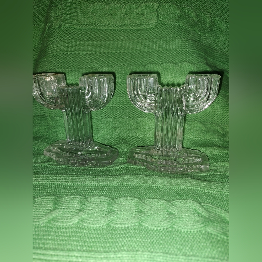 Vintage Anchor Hocking Glass Double Candle Stick Holders Queen Mary Art Deco